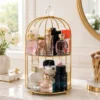 2-Tier Bird Cage Cosmetic Organizer with Gold Metal Frame and Acrylic Trays