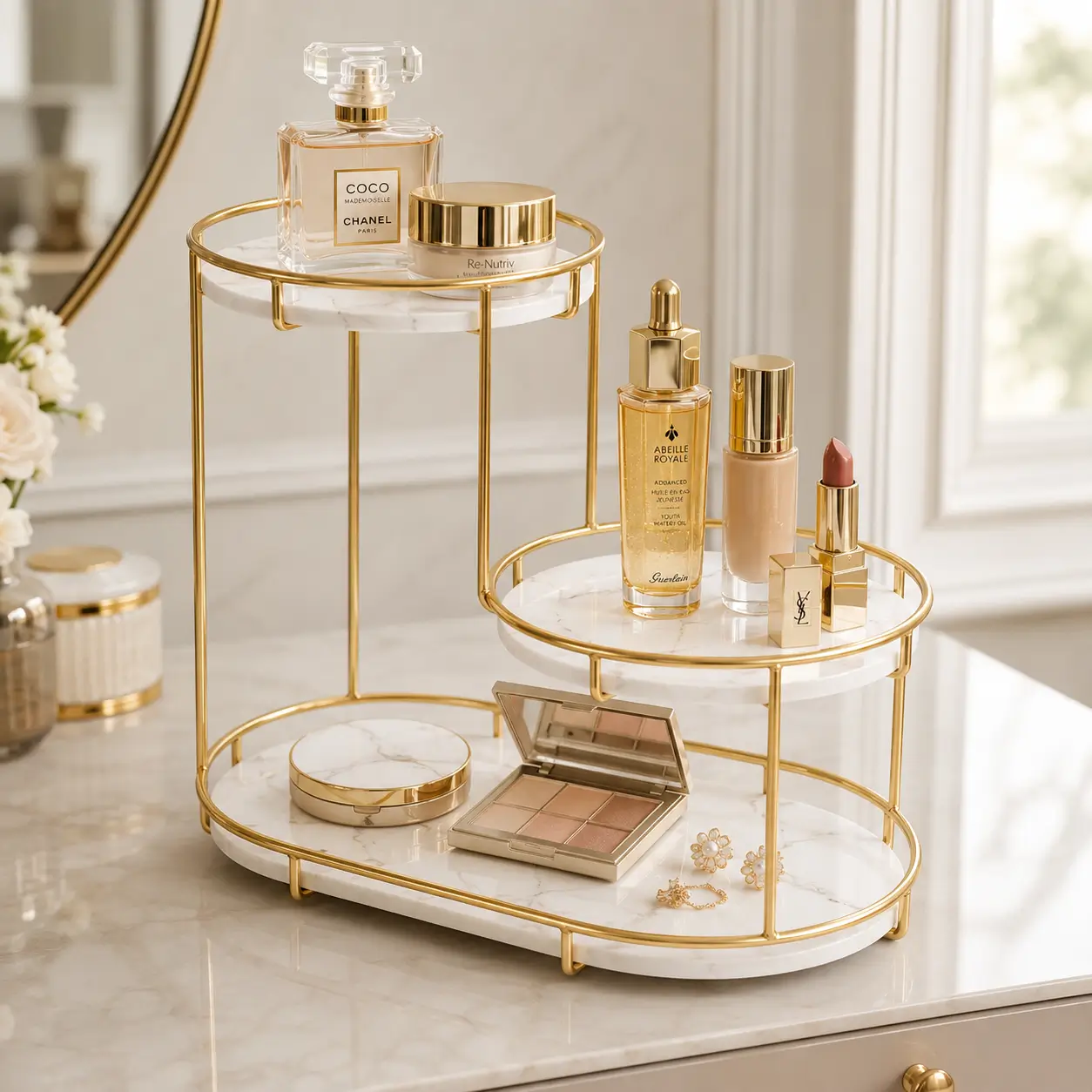 3-Tier Makeup and Cosmetic Organizer for Dressing Table with Golden Metal Frame