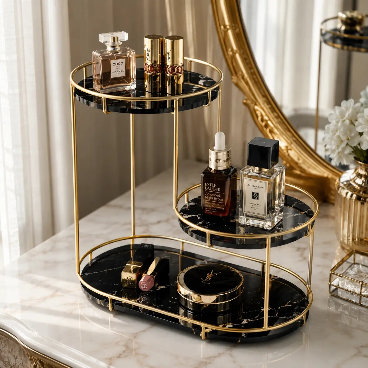 3-Tier Makeup and Cosmetic Organizer for Dressing Table with Golden Metal Frame