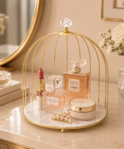 Bird Cage Makeup Storage Rack with Gold Metal Frame and Acrylic Tray
