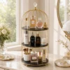 Metal Bird Cage Makeup and Cosmetic Rack with Gold Metal Frame and Acrylic Tray
