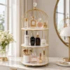 Metal Bird Cage Makeup and Cosmetic Rack with Gold Metal Frame and Acrylic Tray