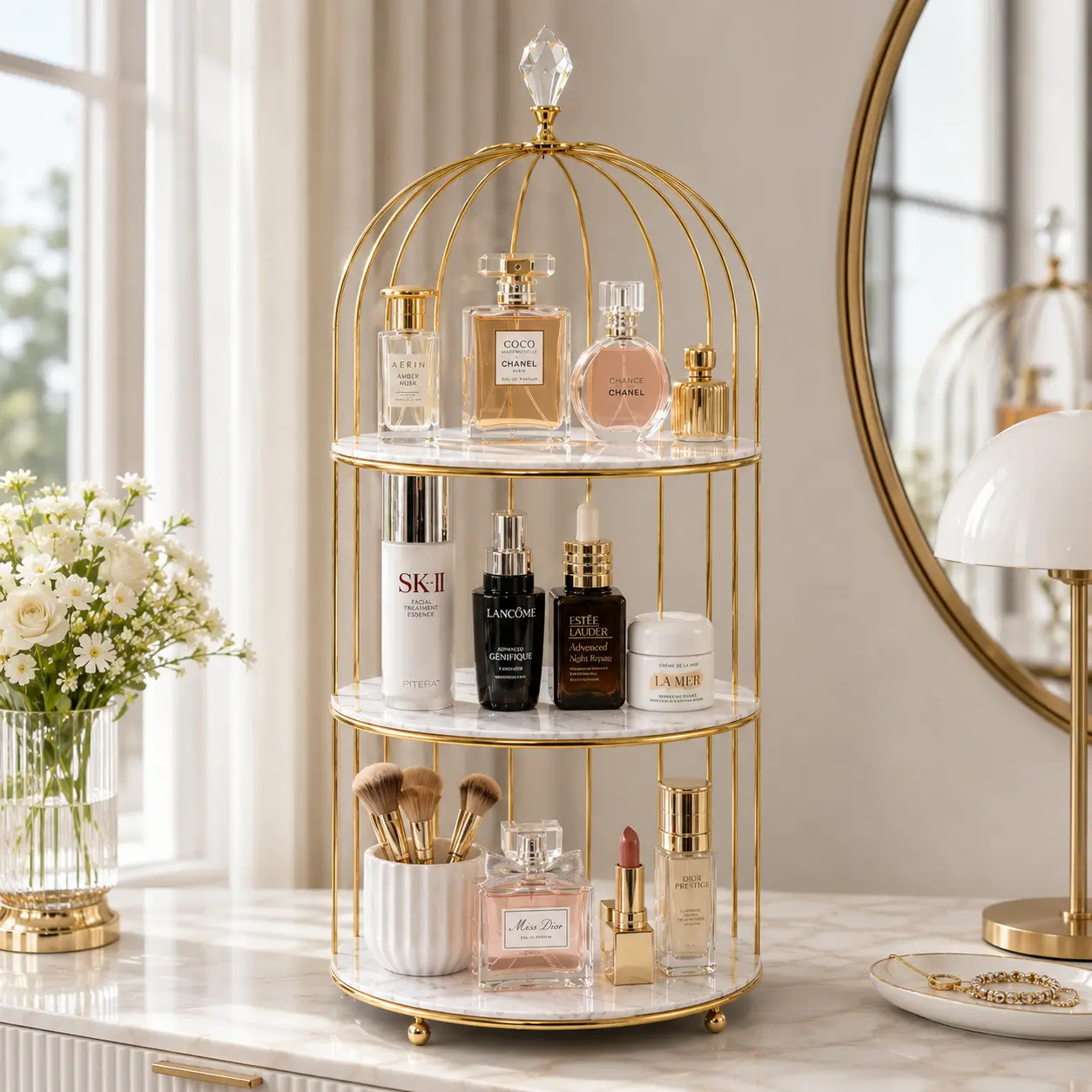 Metal Bird Cage Makeup and Cosmetic Rack with Gold Metal Frame and Acrylic Tray