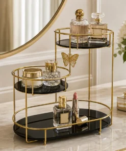 3-Tier Butterfly Makeup and Perfume Organizer with Golden Metal Frame and Acrylic Trays