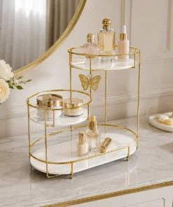 3-Tier Butterfly Makeup and Perfume Organizer with Golden Metal Frame and Acrylic Trays