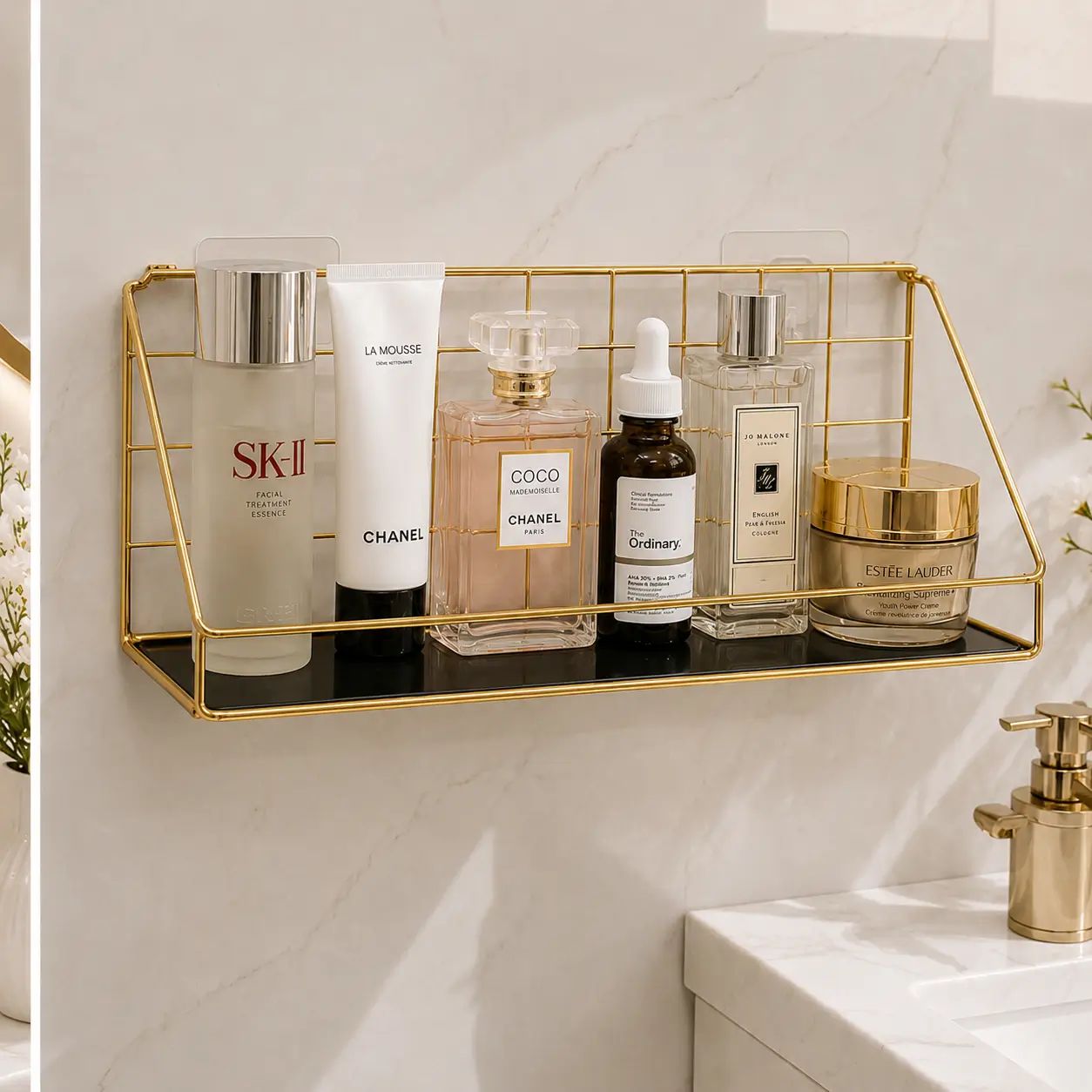 Golden metal wall mounted rack for bathroom storage and daily essentials