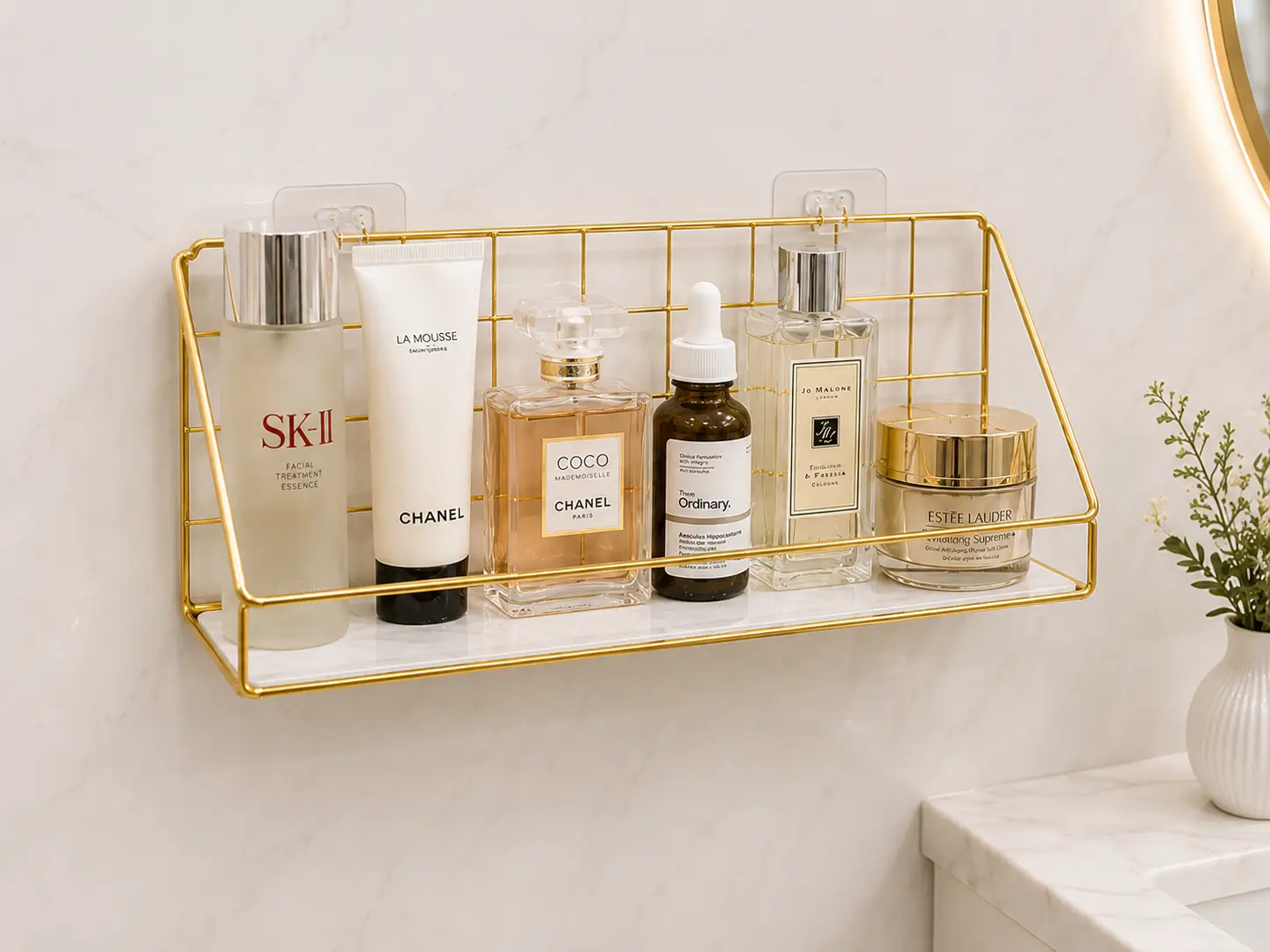 Golden metal wall mounted rack for bathroom storage and daily essentials