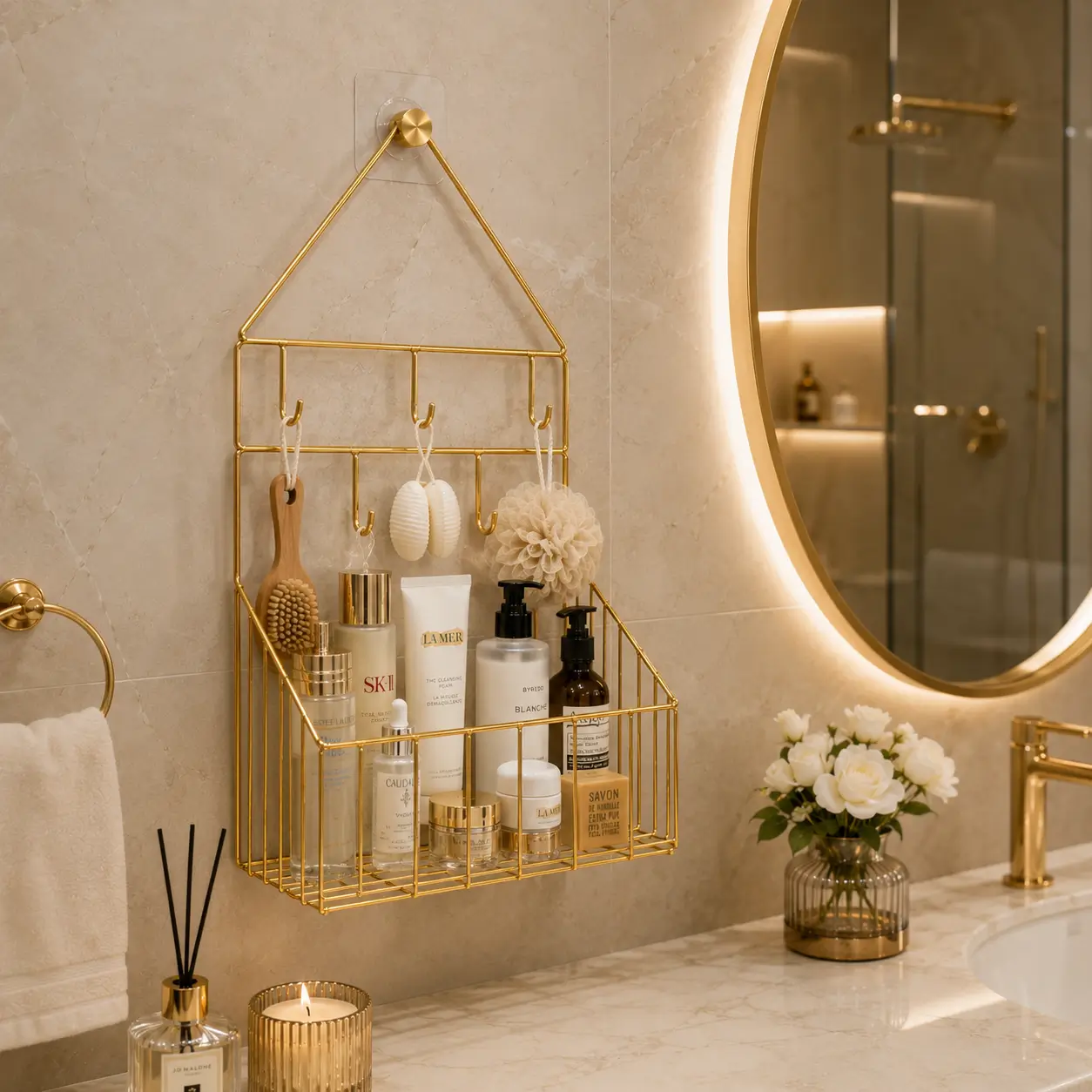 Gold Wall Mounted Bathroom Organizer with Hooks - Image 2