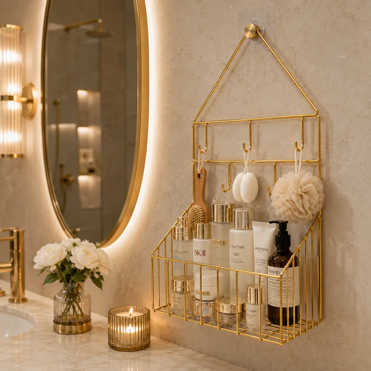 Gold Wall Mounted Bathroom Organizer with Hooks - Image 3
